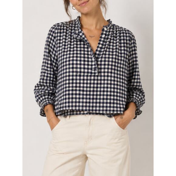 MABE Tops - Navy and White Gingham Ruffle-Trim Blouse